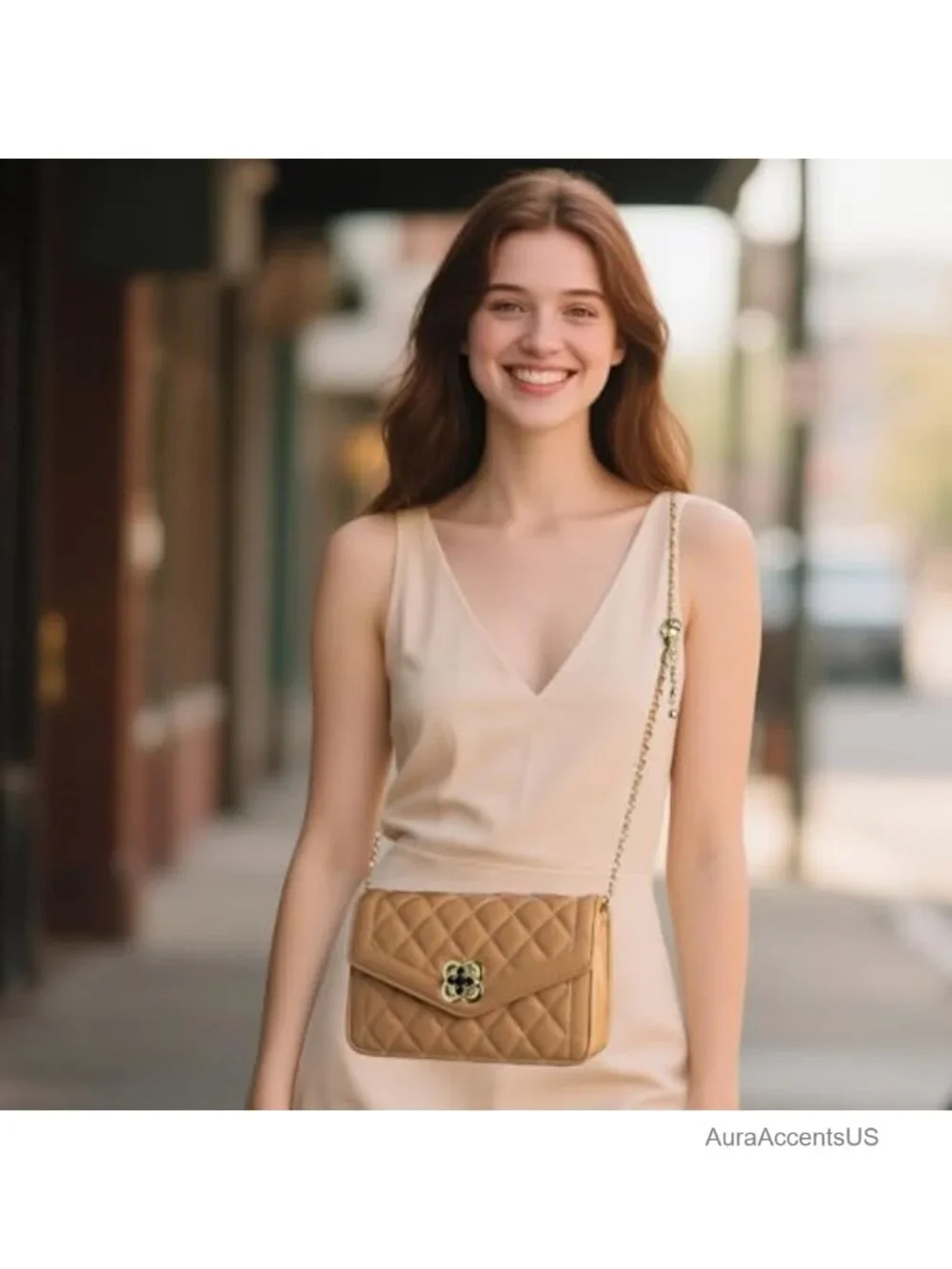 Quilted Faux Leather Crossbody Bag with Chain Strap 3-Way Carry